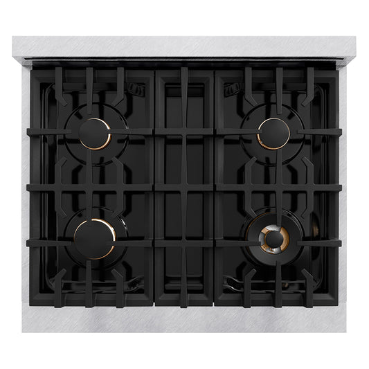 ZLINE Autograph Edition 30 in. Classic Gas Rangetop with 4 Burners and Porcelain Cooktop in Satin Stainless Steel with Polished Gold Accents (RTSZ-30-G) top-down, above cooking surface.