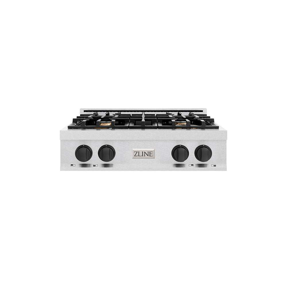 ZLINE Autograph Edition 30 in. Classic Gas Rangetop with 4 Burners and Porcelain Cooktop in Satin Stainless Steel with Matte Black Accents (RTSZ-30-MB)
