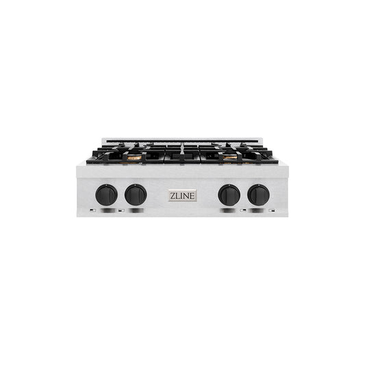 ZLINE Autograph Edition 30 in. Classic Gas Rangetop with 4 Burners and Porcelain Cooktop in Satin Stainless Steel with Matte Black Accents (RTSZ-30-MB)
