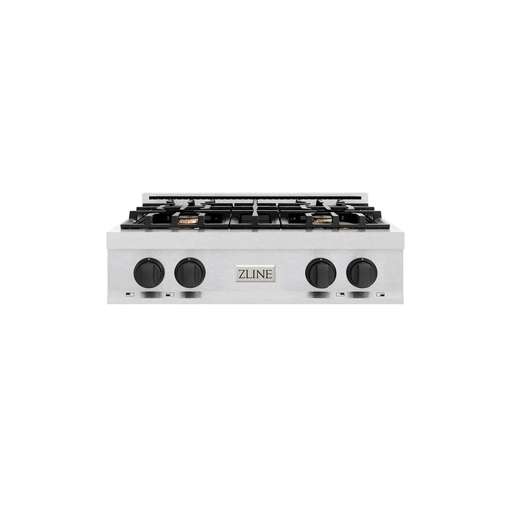 ZLINE Autograph Edition 30 in. Classic Gas Rangetop with 4 Burners and Porcelain Cooktop in Satin Stainless Steel with Matte Black Accents (RTSZ-30-MB) main image.