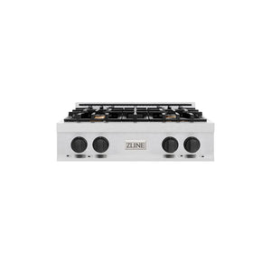 ZLINE Autograph Edition 30 in. Classic Gas Rangetop with 4 Burners and Porcelain Cooktop in Satin Stainless Steel with Matte Black Accents (RTSZ-30-MB) main image.