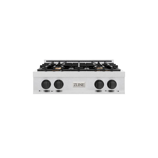ZLINE Autograph Edition 30 in. Classic Gas Rangetop with 4 Burners and Porcelain Cooktop in Satin Stainless Steel with Matte Black Accents (RTSZ-30-MB) main image.