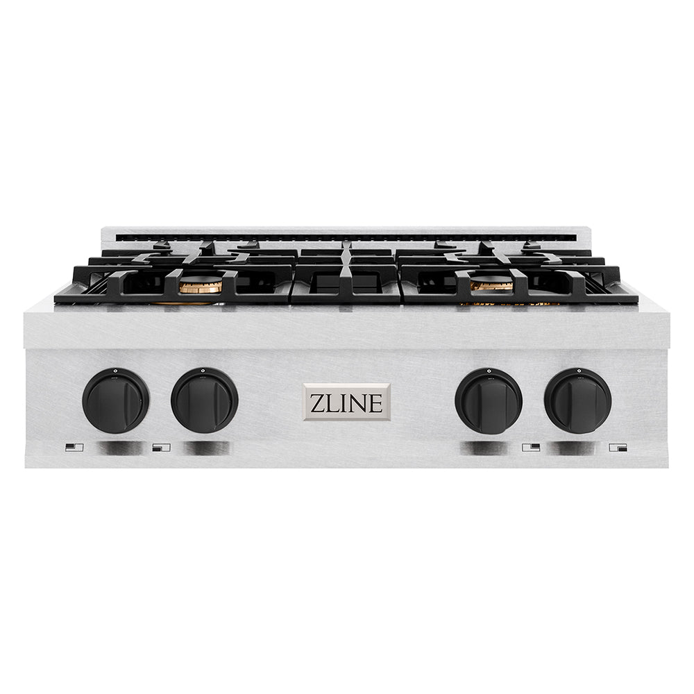 ZLINE Autograph Edition 30 in. Classic Gas Rangetop with 4 Burners and Porcelain Cooktop in Satin Stainless Steel with Matte Black Accents (RTSZ-30-MB)