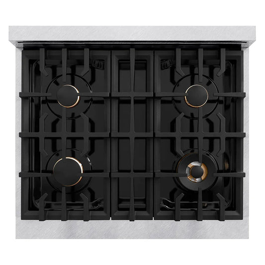 ZLINE Autograph Edition 30 in. Classic Gas Rangetop with 4 Burners and Porcelain Cooktop in Satin Stainless Steel with Matte Black Accents (RTSZ-30-MB) top-down, above cooking surface.