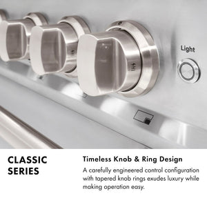 Classic Series Infographic. Timeless Knob and Ring Design. Text: A carefully engineered control configuration with tapered knob rings exudes luxury while making operation easy.