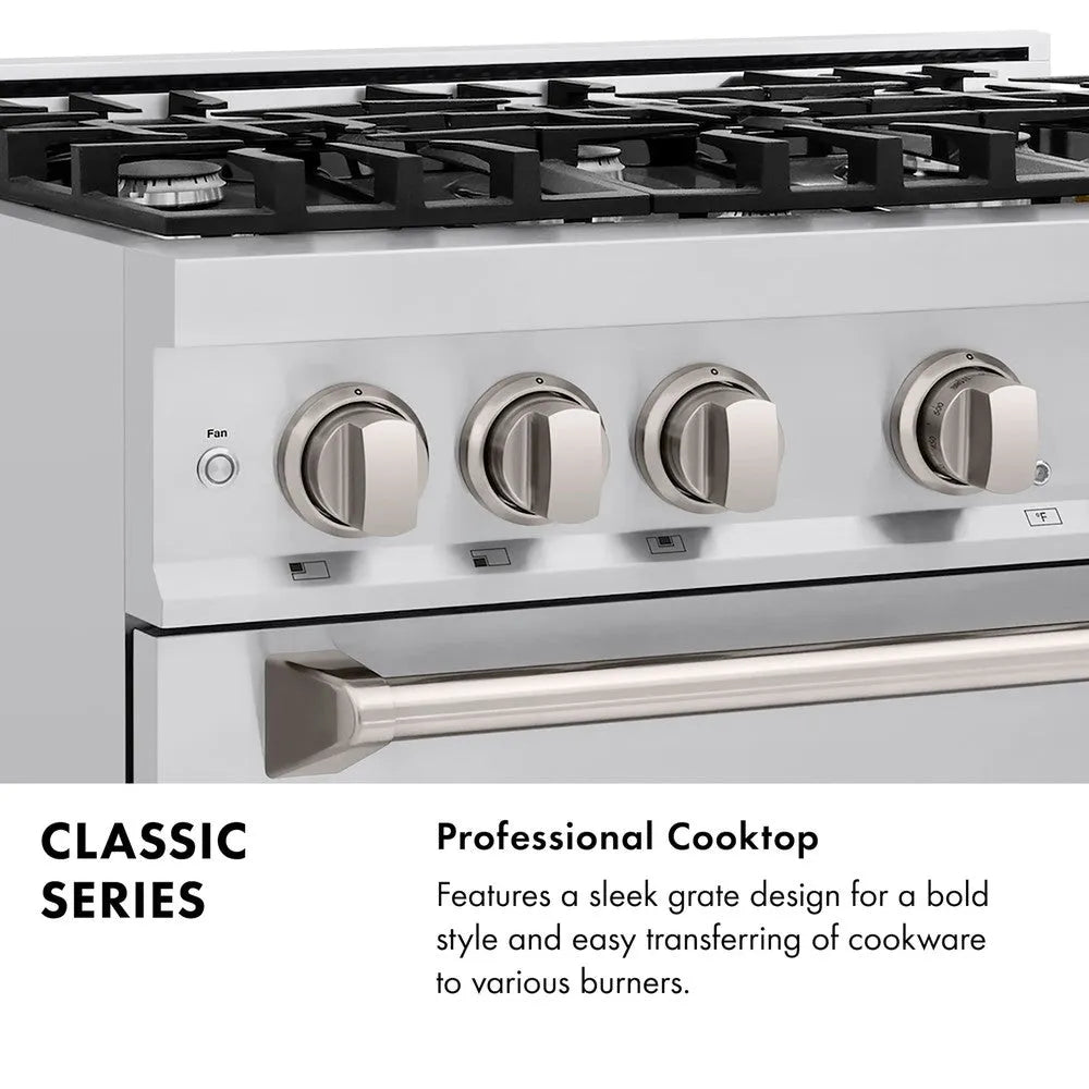 Classic Series Infographic. Professional Cooktop. Text: Features a sleek grate design for a bold style and easy transferring of cookware to various burners.