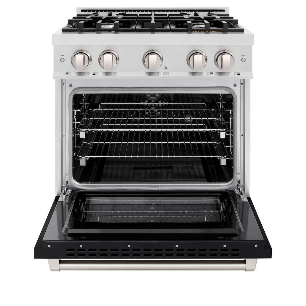 ZLINE 30 in. 4.2 cu. ft. Select Dual Fuel Range with 4 Burner Gas Cooktop and Electric Convection Oven in Satin Stainless Steel with Black Matte Door (HDRS-BLM-30) front, oven open.