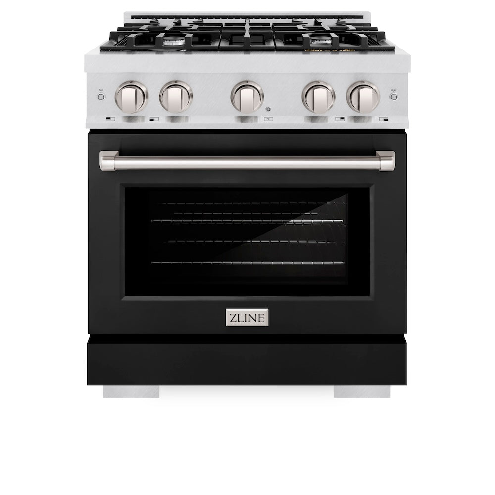 ZLINE 30 in. 4.2 cu. ft. Select Dual Fuel Range with 4 Burner Gas Cooktop and Electric Convection Oven in Satin Stainless Steel with Black Matte Door (HDRS-BLM-30) front, oven closed.