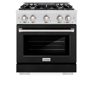 ZLINE 30 in. 4.2 cu. ft. Select Dual Fuel Range with 4 Burner Gas Cooktop and Electric Convection Oven in Satin Stainless Steel with Black Matte Door (HDRS-BLM-30) front, oven closed.