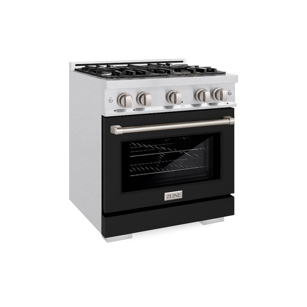 ZLINE 30 in. 4.2 cu. ft. Select Dual Fuel Range with 4 Burner Gas Cooktop and Electric Convection Oven in Satin Stainless Steel with Black Matte Door (HDRS-BLM-30) side.
