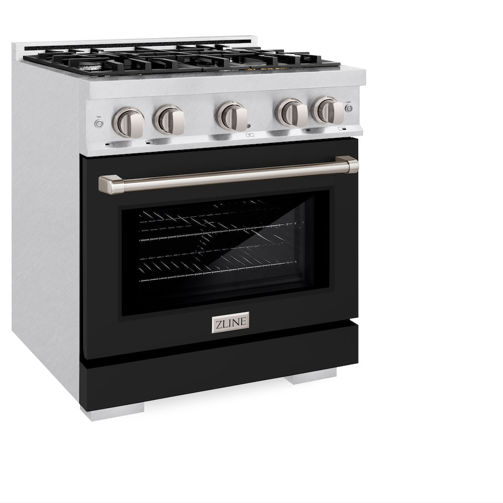 ZLINE 30 in. 4.2 cu. ft. Select Dual Fuel Range with 4 Burner Gas Cooktop and Electric Convection Oven in Satin Stainless Steel with Black Matte Door (HDRS-BLM-30) side, oven closed.