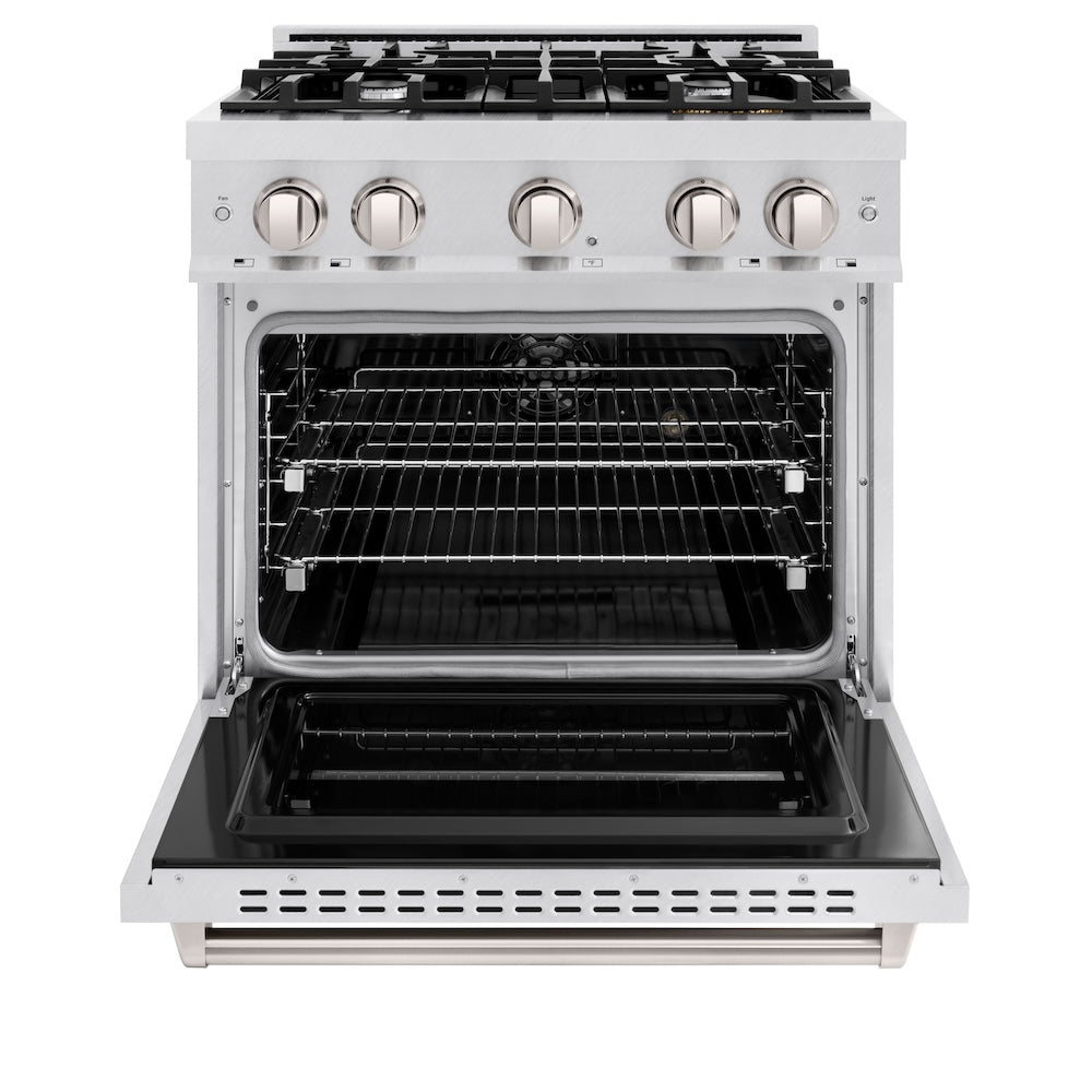 ZLINE 30 in. 4.2 cu. ft. Classic Dual Fuel Range with 4 Burner Gas Cooktop and Electric Convection Oven in Satin Stainless Steel (CDRS-30) front, oven open.