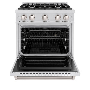 ZLINE 30 in. 4.2 cu. ft. Classic Dual Fuel Range with 4 Burner Gas Cooktop and Electric Convection Oven in Satin Stainless Steel (CDRS-30) front, oven open.