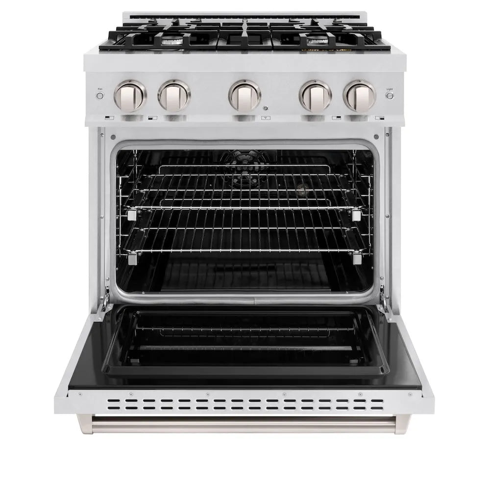 ZLINE 30 in. 4.2 cu. ft. Classic Dual Fuel Range with 4 Burner Gas Cooktop and Electric Convection Oven in Satin Stainless Steel (CDRS-30) front, oven open.
