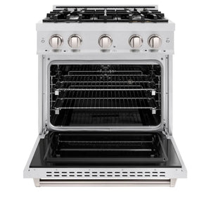 ZLINE 30 in. 4.2 cu. ft. Classic Dual Fuel Range with 4 Burner Gas Cooktop and Electric Convection Oven in Satin Stainless Steel (CDRS-30) front, oven open.