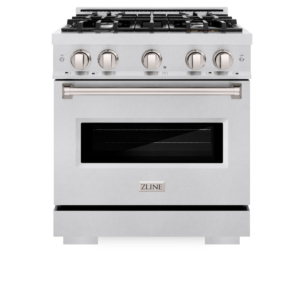 ZLINE 30 in. 4.2 cu. ft. Classic Dual Fuel Range with 4 Burner Gas Cooktop and Electric Convection Oven in Satin Stainless Steel (CDRS-30) front, oven closed.