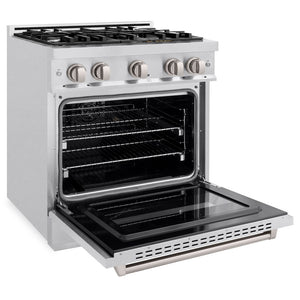 ZLINE 30 in. 4.2 cu. ft. Classic Dual Fuel Range with 4 Burner Gas Cooktop and Electric Convection Oven in Satin Stainless Steel (CDRS-30) side, oven open.