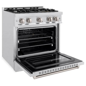 ZLINE 30 in. 4.2 cu. ft. Classic Dual Fuel Range with 4 Burner Gas Cooktop and Electric Convection Oven in Satin Stainless Steel (CDRS-30) side, oven open.