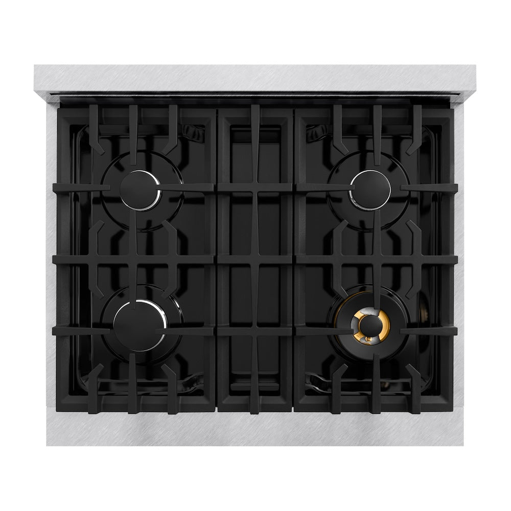 ZLINE 30 in. 4.2 cu. ft. Classic Dual Fuel Range with 4 Burner Gas Cooktop and Electric Convection Oven in Satin Stainless Steel (CDRS-30) top-down, above cooktop.