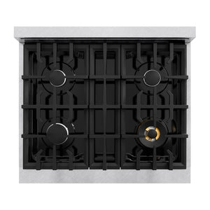 ZLINE 30 in. 4.2 cu. ft. Classic Dual Fuel Range with 4 Burner Gas Cooktop and Electric Convection Oven in Satin Stainless Steel (CDRS-30) top-down, above cooktop.