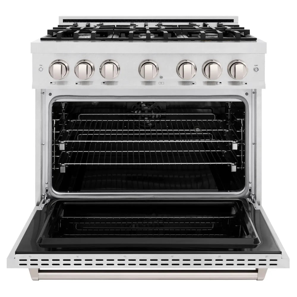 ZLINE 36 in. 5.2 cu. ft. Classic Dual Fuel Range with 6 Burner Gas Cooktop and Electric Convection Oven in Satin Stainless Steel (CDRS-36) front, oven open.