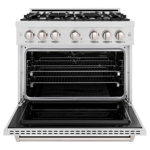 ZLINE 36 in. 5.2 cu. ft. Classic Dual Fuel Range with 6 Burner Gas Cooktop and Electric Convection Oven in Satin Stainless Steel (CDRS-36) front, oven open.