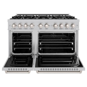 ZLINE 48 in. 6.7 cu. ft. Classic Double Oven Dual Fuel Range with 8 Burner Gas Cooktop in Satin Stainless Steel (CDRS-48) front, oven open.