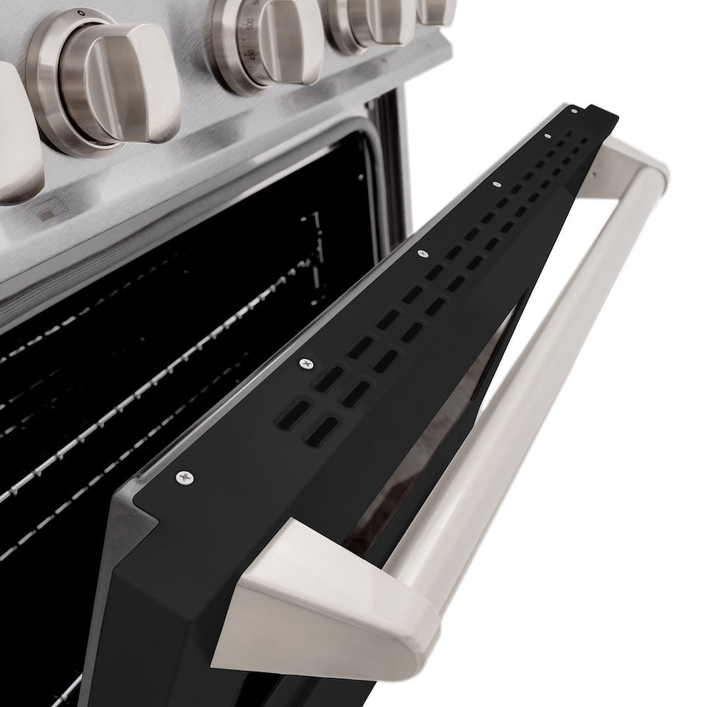 ZLINE 30 in. 4.2 cu. ft. Classic Dual Fuel Range with 4 Burner Gas Cooktop and Electric Convection Oven in Satin Stainless Steel with Black Matte Door (CDRS-BLM-30) oven door detail.