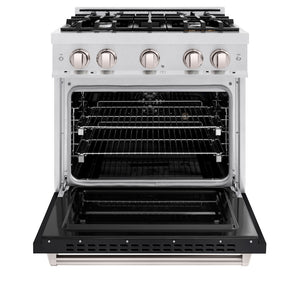 ZLINE 30 in. 4.2 cu. ft. Classic Dual Fuel Range with 4 Burner Gas Cooktop and Electric Convection Oven in Satin Stainless Steel with Black Matte Door (CDRS-BLM-30) front, oven open.