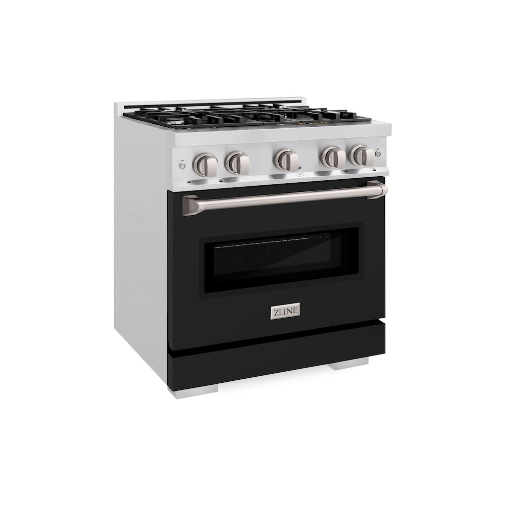 ZLINE 30 in. 4.2 cu. ft. Classic Dual Fuel Range with 4 Burner Gas Cooktop and Electric Convection Oven in Satin Stainless Steel with Black Matte Door (CDRS-BLM-30) side.