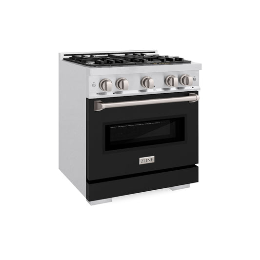 ZLINE 30 in. 4.2 cu. ft. Classic Dual Fuel Range with 4 Burner Gas Cooktop and Electric Convection Oven in Satin Stainless Steel with Black Matte Door (CDRS-BLM-30) side.