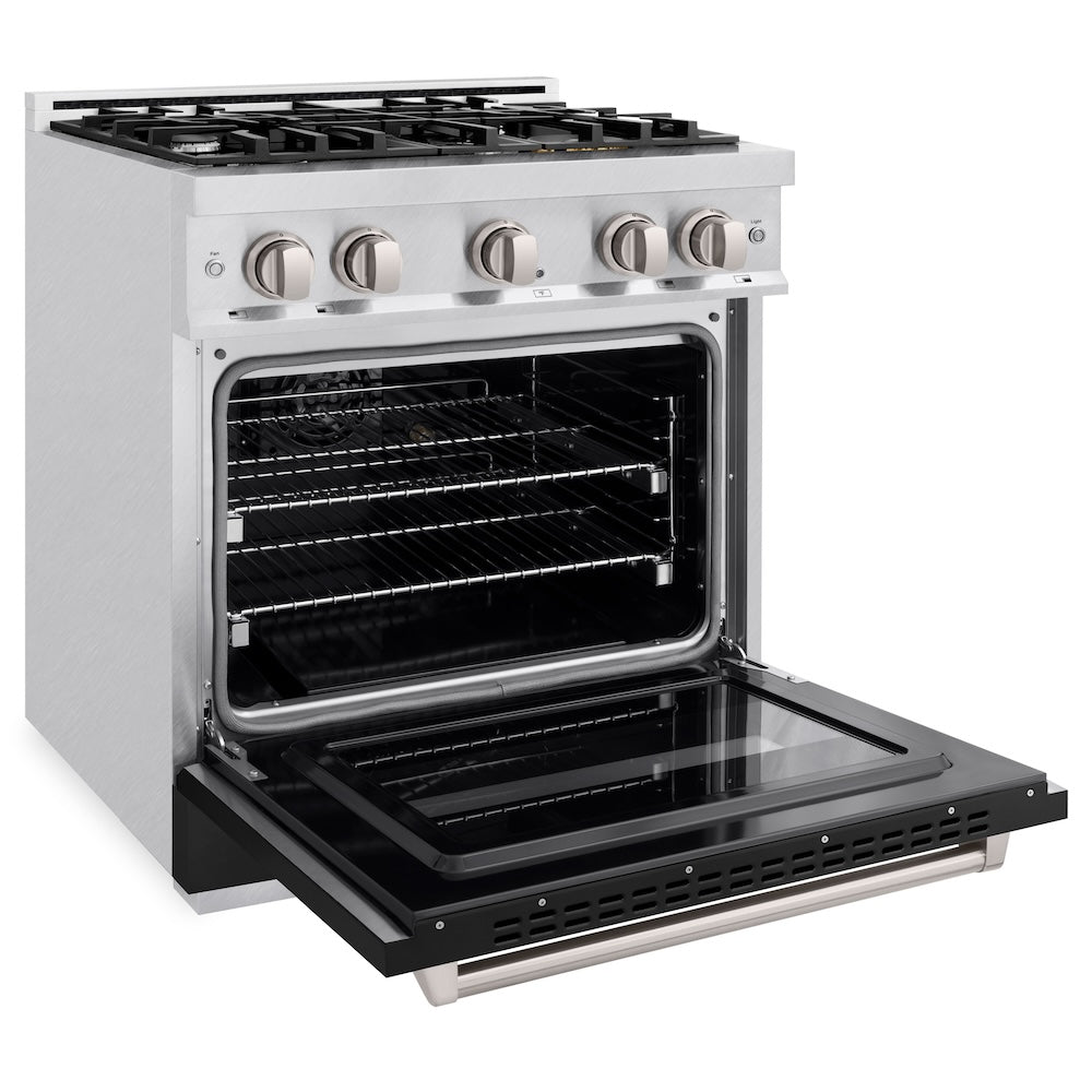 ZLINE 30 in. 4.2 cu. ft. Classic Dual Fuel Range with 4 Burner Gas Cooktop and Electric Convection Oven in Satin Stainless Steel with Black Matte Door (CDRS-BLM-30) side, oven open.