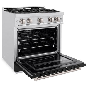ZLINE 30 in. 4.2 cu. ft. Classic Dual Fuel Range with 4 Burner Gas Cooktop and Electric Convection Oven in Satin Stainless Steel with Black Matte Door (CDRS-BLM-30) side, oven open.