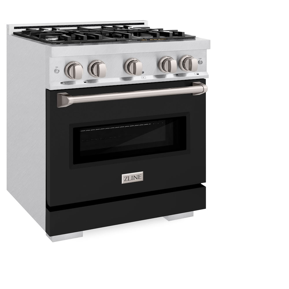 ZLINE 30 in. 4.2 cu. ft. Classic Dual Fuel Range with 4 Burner Gas Cooktop and Electric Convection Oven in Satin Stainless Steel with Black Matte Door (CDRS-BLM-30) side, oven closed.