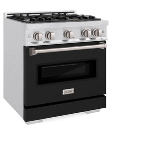 ZLINE 30 in. 4.2 cu. ft. Classic Dual Fuel Range with 4 Burner Gas Cooktop and Electric Convection Oven in Satin Stainless Steel with Black Matte Door (CDRS-BLM-30) side, oven closed.