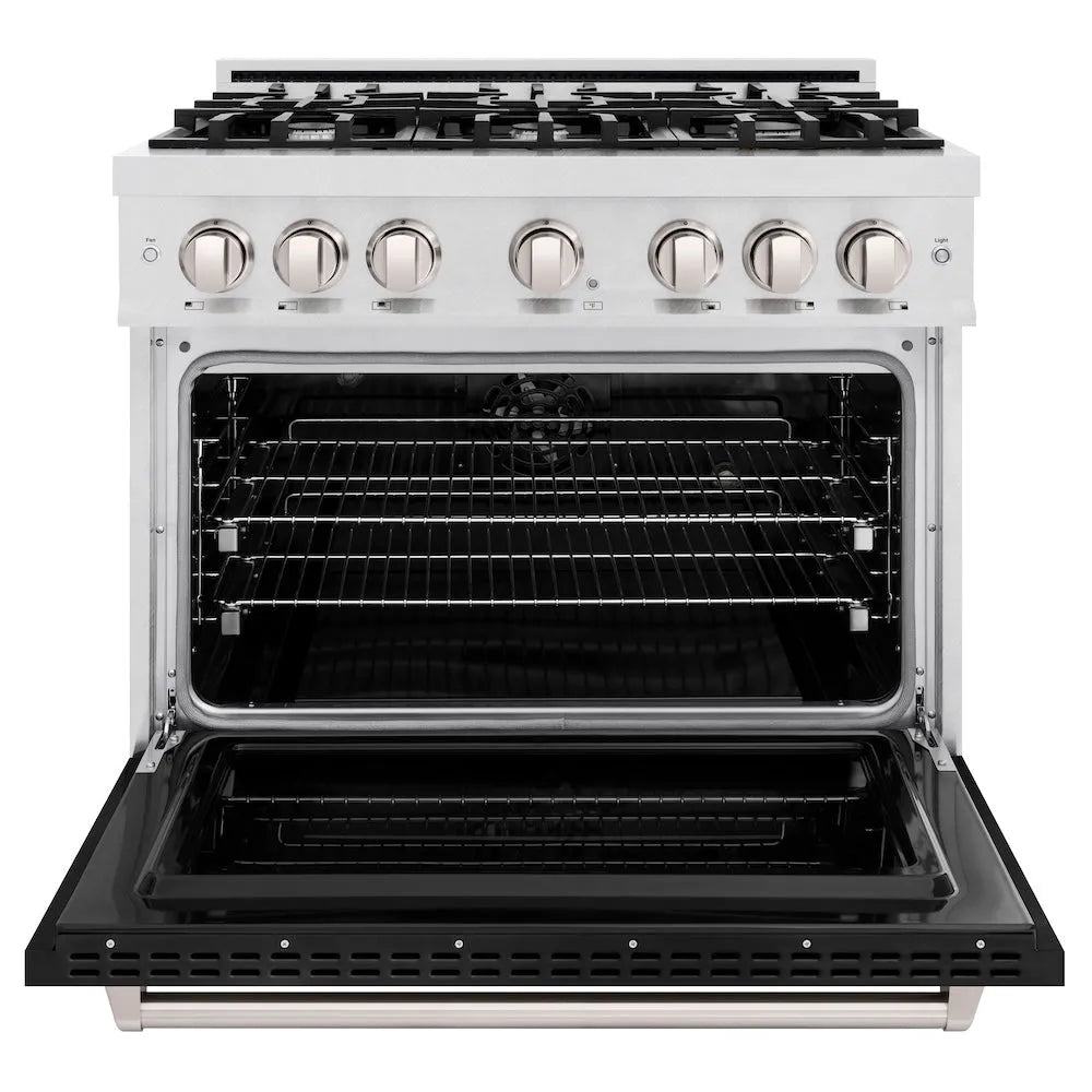 ZLINE 36 in. 5.2 cu. ft. Classic Dual Fuel Range with 6 Burner Gas Cooktop and Electric Convection Oven in Satin Stainless Steel with Black Matte Door (CDRS-BLM-36) front, oven open.