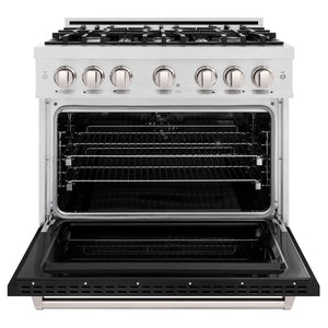 ZLINE 36 in. 5.2 cu. ft. Classic Dual Fuel Range with 6 Burner Gas Cooktop and Electric Convection Oven in Satin Stainless Steel with Black Matte Door (CDRS-BLM-36) front, oven open.