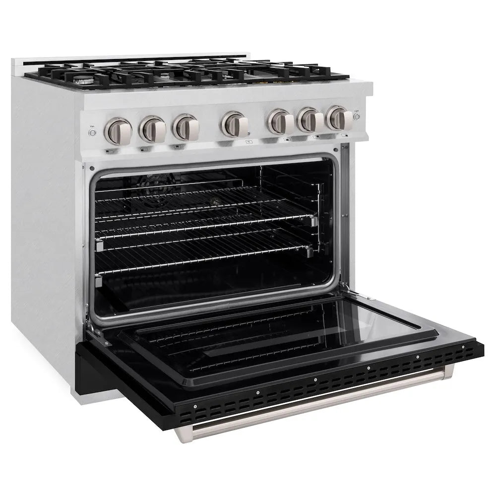 ZLINE 36 in. 5.2 cu. ft. Classic Dual Fuel Range with 6 Burner Gas Cooktop and Electric Convection Oven in Satin Stainless Steel with Black Matte Door (CDRS-BLM-36) side, oven open.