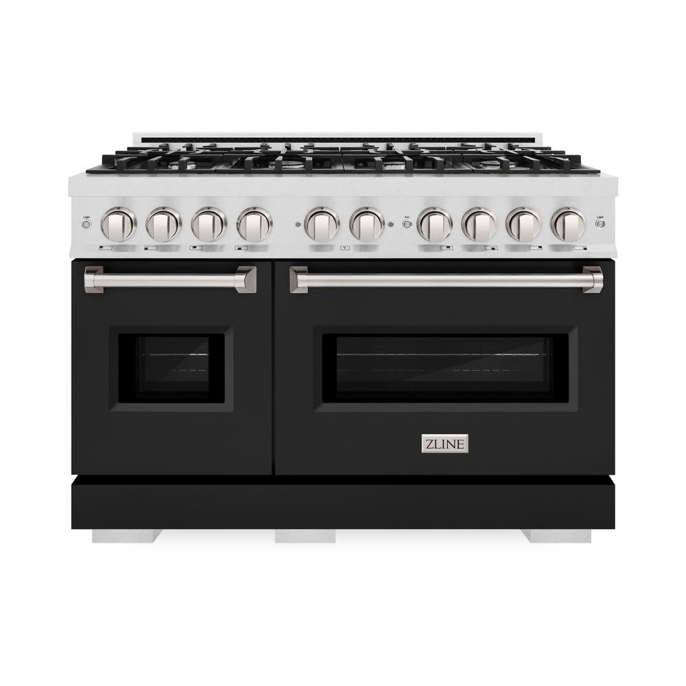 ZLINE 48 in. 6.7 cu. ft. Classic Double Oven Dual Fuel Range with 8 Burner Gas Cooktop in Satin Stainless Steel with Black Matte Doors (CDRS-BLM-48) front.