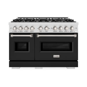 ZLINE 48 in. 6.7 cu. ft. Classic Double Oven Dual Fuel Range with 8 Burner Gas Cooktop in Satin Stainless Steel with Black Matte Doors (CDRS-BLM-48) front.
