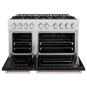 ZLINE 48 in. 6.7 cu. ft. Classic Double Oven Dual Fuel Range with 8 Burner Gas Cooktop in Satin Stainless Steel with Black Matte Doors (CDRS-BLM-48) front, oven open.