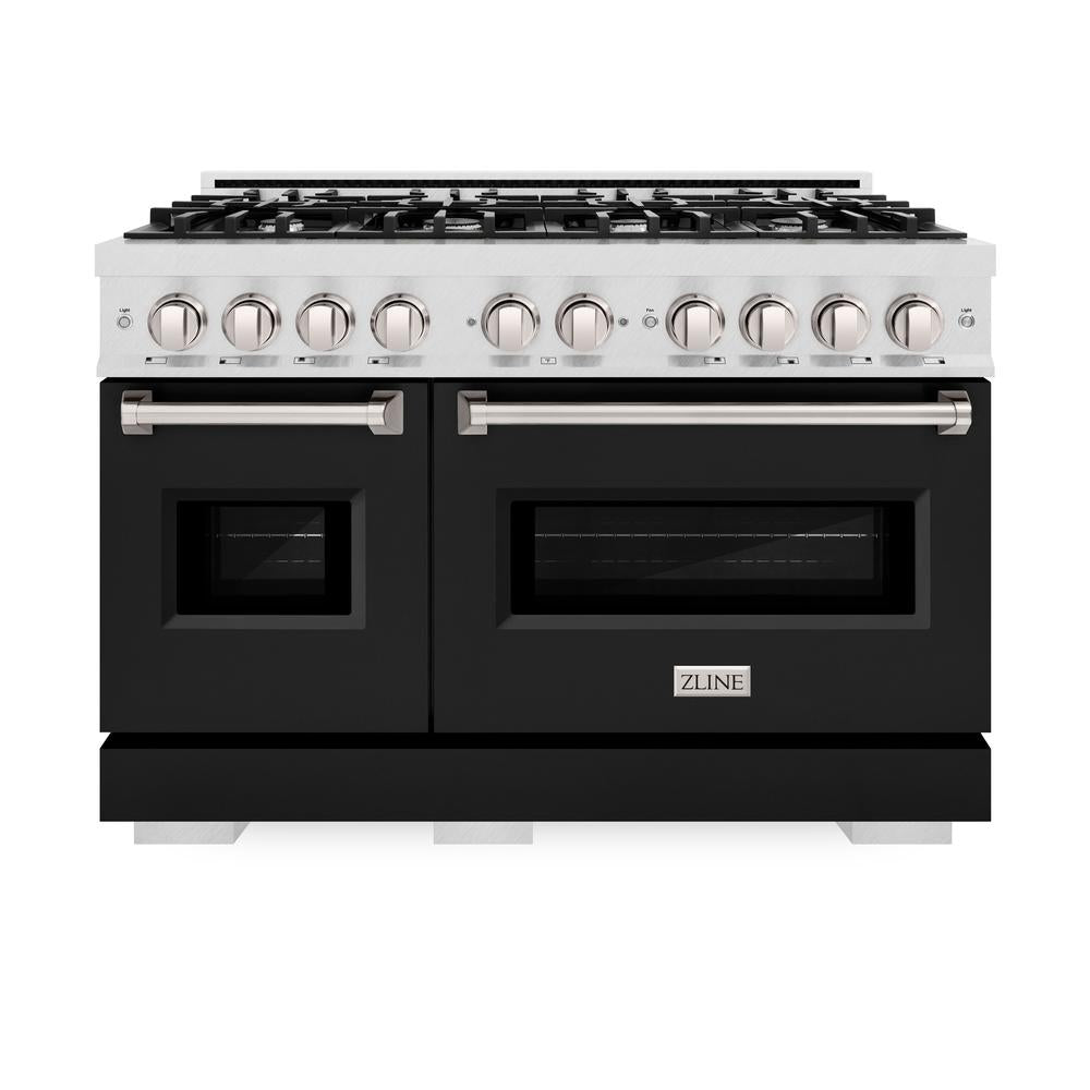ZLINE 48 in. 6.7 cu. ft. Classic Double Oven Dual Fuel Range with 8 Burner Gas Cooktop in Satin Stainless Steel with Black Matte Doors (CDRS-BLM-48) front, oven closed.