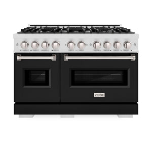 ZLINE 48 in. 6.7 cu. ft. Classic Double Oven Dual Fuel Range with 8 Burner Gas Cooktop in Satin Stainless Steel with Black Matte Doors (CDRS-BLM-48) front, oven closed.
