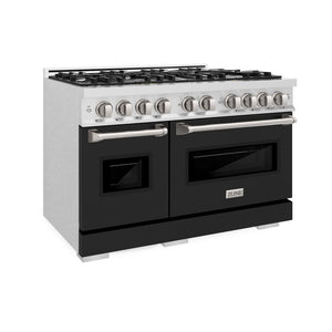 ZLINE 48 in. 6.7 cu. ft. Classic Double Oven Dual Fuel Range with 8 Burner Gas Cooktop in Satin Stainless Steel with Black Matte Doors (CDRS-BLM-48) side.