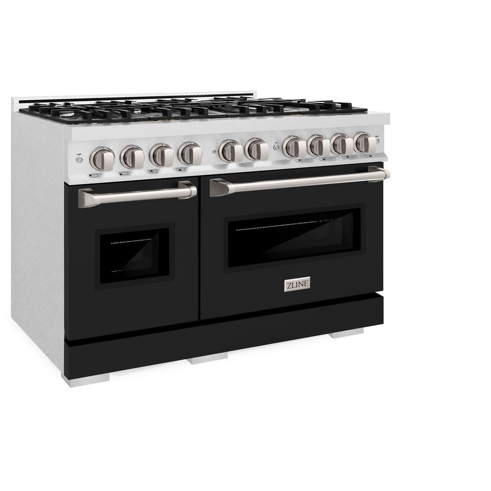 ZLINE 48 in. 6.7 cu. ft. Classic Double Oven Dual Fuel Range with 8 Burner Gas Cooktop in Satin Stainless Steel with Black Matte Doors (CDRS-BLM-48) side, oven closed.