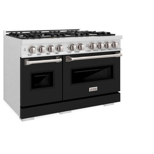 ZLINE 48 in. 6.7 cu. ft. Classic Double Oven Dual Fuel Range with 8 Burner Gas Cooktop in Satin Stainless Steel with Black Matte Doors (CDRS-BLM-48) side, oven closed.