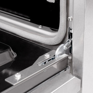 ZLINE 48 in. 6.7 cu. ft. Classic Double Oven Dual Fuel Range with 8 Burner Gas Cooktop in Satin Stainless Steel with Black Matte Doors (CDRS-BLM-48) StayPut oven door hinge.