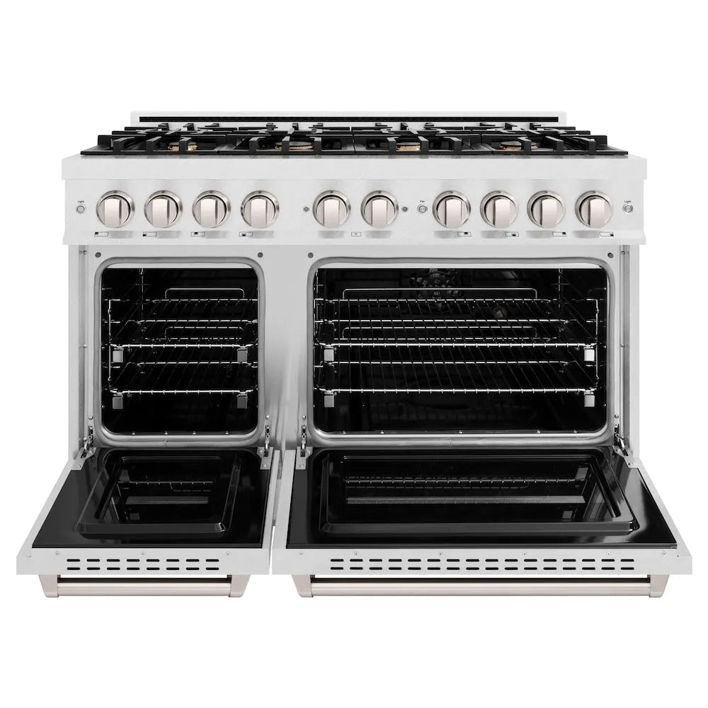ZLINE 48 in. 6.7 cu. ft. Classic Double Oven Dual Fuel Range in Satin Stainless Steel with 8 Brass Burners (CDRS-BR-48) front, oven open.