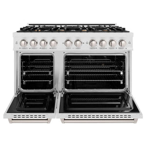 ZLINE 48 in. 6.7 cu. ft. Classic Double Oven Dual Fuel Range in Satin Stainless Steel with 8 Brass Burners (CDRS-BR-48) front, oven open.