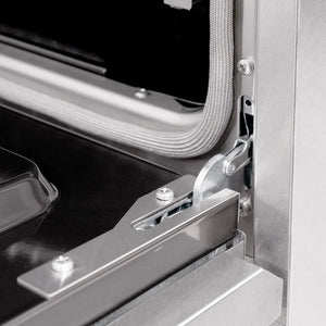 ZLINE 48 in. 6.7 cu. ft. Classic Double Oven Dual Fuel Range in Satin Stainless Steel with 8 Brass Burners (CDRS-BR-48) StayPut oven door hinge.